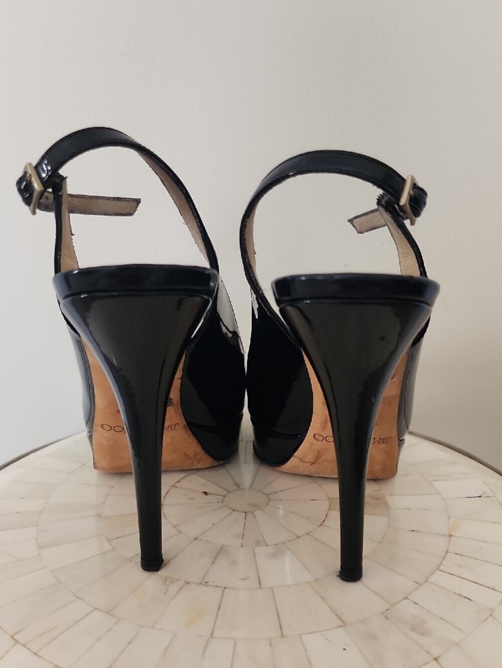 Jimmy Choo Black Patent Leather Peep-Toe Slingbacks - Picture 4 of 6